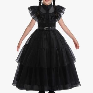 Wednesday Adams Girls Cosplay Princess Outfits Kids Halloween Party Black Dress